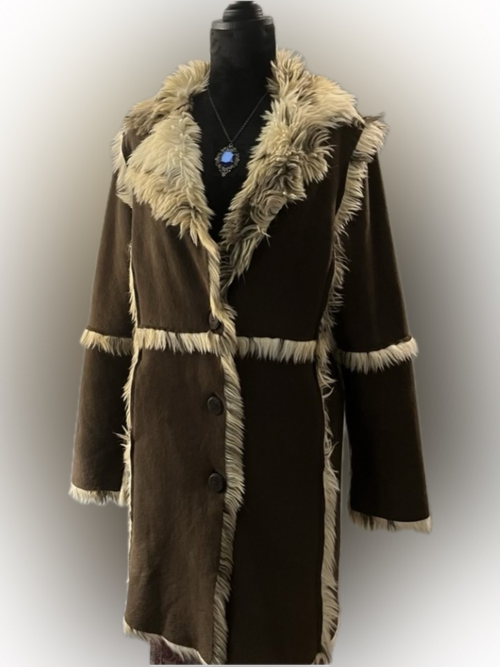 Vintage TRUE GRIT faux suede Elephant fur long coat 70’s boho penny lane style